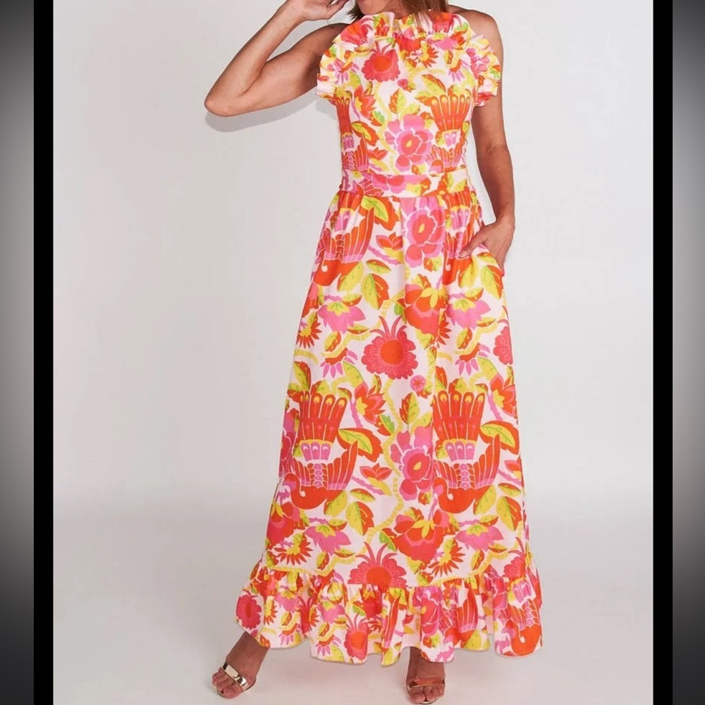 CK Bradley Women’s Large Dove Maxi Dress in Falconer Sunburst Halter NO BELT